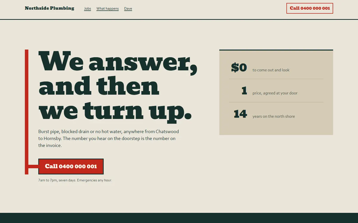 The Bold Trade design, filled in for a sample plumbing business: a stone page with a heavy dark green headline and a red call button