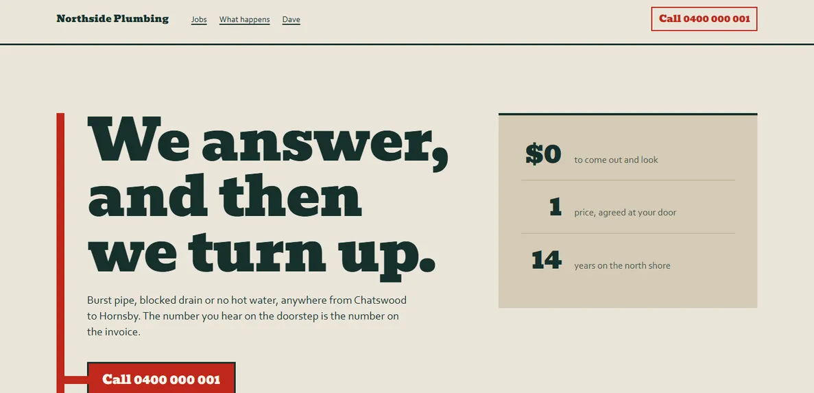The Bold Trade design, filled in for a sample plumbing business: a stone page with a heavy dark green headline and a red call button