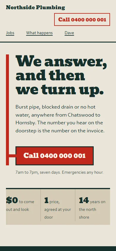 The Bold Trade design on a phone: a stone page with a heavy dark green headline reading “We answer, and then we turn up” and a red call button under it