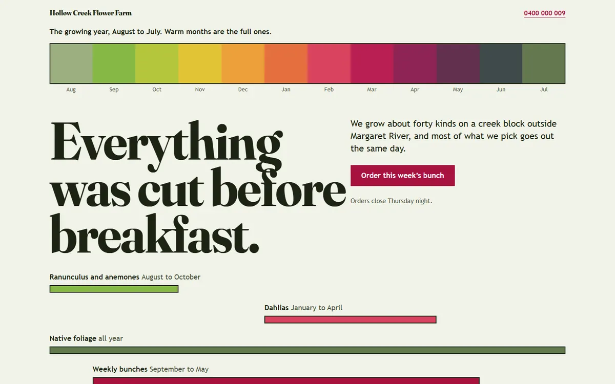 The Field design, filled in for a sample flower farm: twelve colour blocks across the top labelled by month, under a serif headline