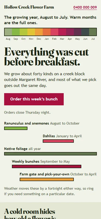 The Field design on a phone: twelve colour blocks across the top labelled by month, and a serif headline reading “Everything was cut before breakfast”