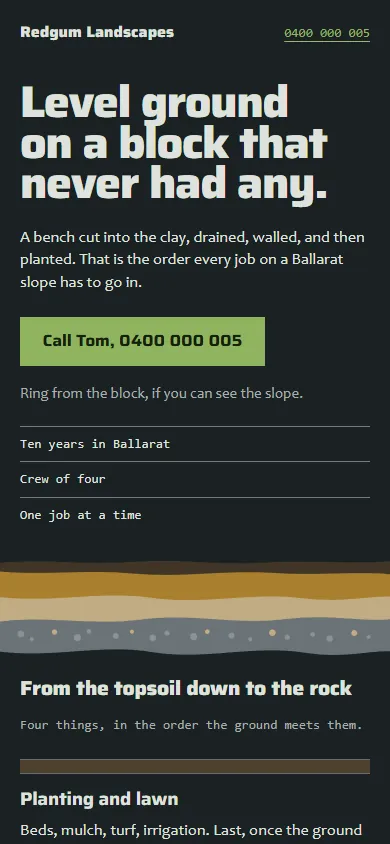 The Groundwork design on a phone: a dark hero reading “Level ground on a block that never had any”, with bands of ochre and clay drawn underneath like layers of soil