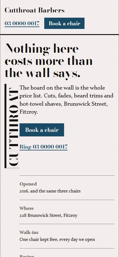 The Ink design on a phone: white paper with a heavy serif headline reading “Nothing here costs more than the wall says”, and CUTTHROAT set vertically down the left edge