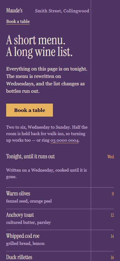 The Late Table design on a phone: a deep aubergine page reading “A short menu. A long wine list.”, with dishes and prices set as a proper menu column