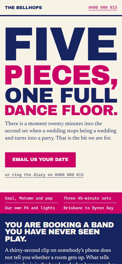 The Marquee design on a phone: FIVE PIECES, ONE FULL DANCE FLOOR stacked in navy and hot pink, each line filling the width edge to edge