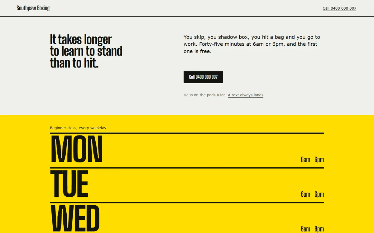 The Tempo design, filled in for a sample boxing gym: a chalk-white page with the week set enormous in condensed type on a bright yellow field