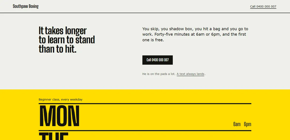 The Tempo design, filled in for a sample boxing gym: a chalk-white page with the weekly timetable set enormous in condensed type on a yellow field