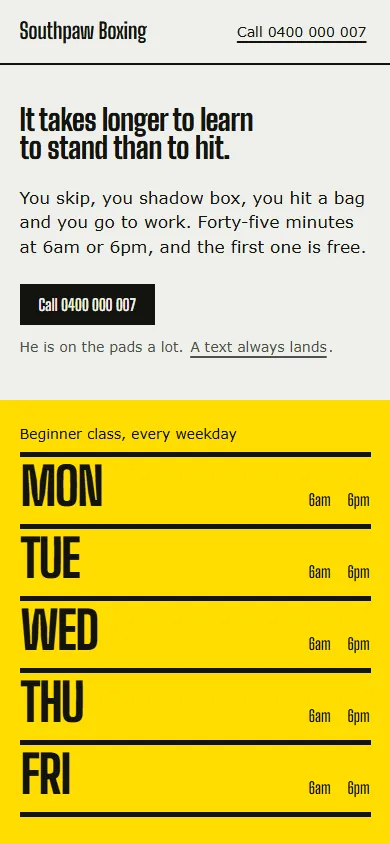 The Tempo design on a phone: a chalk-white hero over a bright yellow field with MON, TUE, WED set huge, each with its times on the right