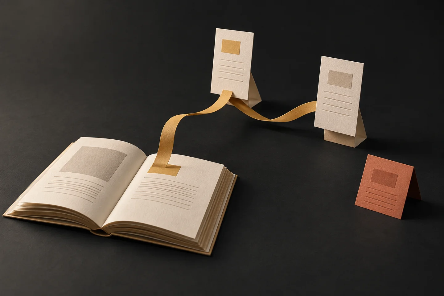 Gold paper links a source book to two notes, with a separate terracotta note standing for an unanswered question.
