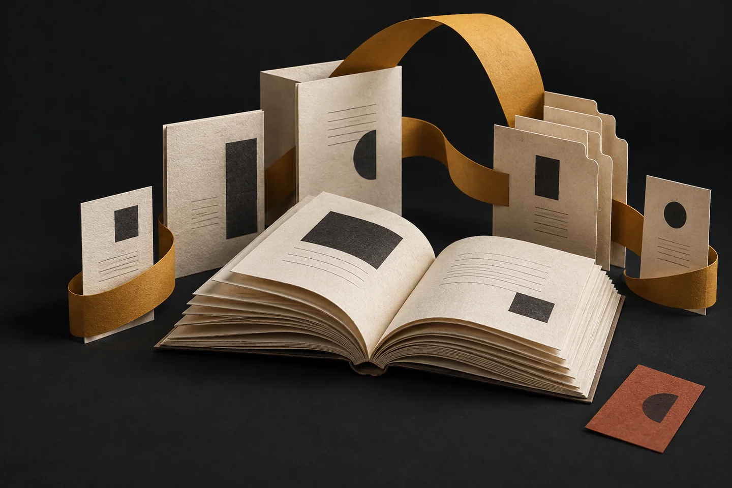 An open paper handbook and notes connected by a gold ribbon, an illustration of bringing a business's own papers together.