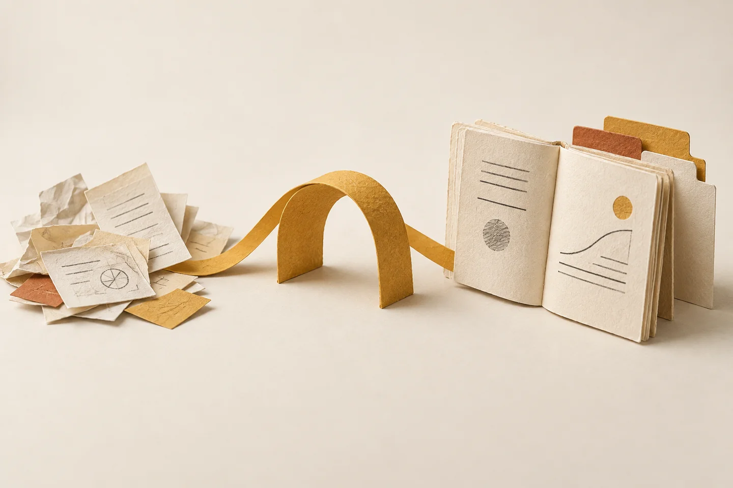 Loose paper notes become an organised handbook, connected by a gold paper arch. An illustration of the guided process.