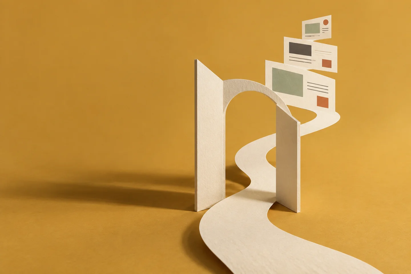 An ivory paper pathway passes through an open doorway and unfolds into website pages, an illustration of publishing something of your own.