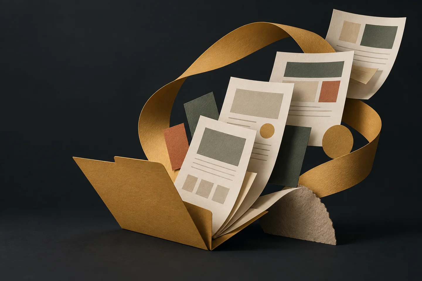 Paper website pages unfolding from a gold folder, encircled by a flowing gold ribbon. An illustration of the kit.