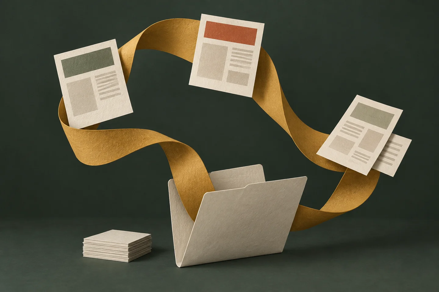 A paper ribbon loops from a kept folder through three changing website pages, illustrating returning to a site over time.