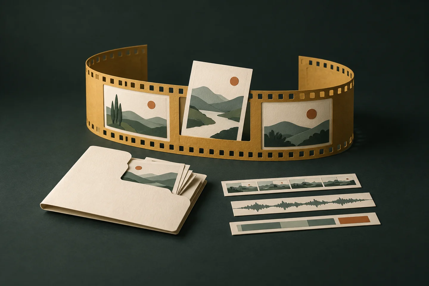 An illustrative gold paper film strip with one replaceable frame, kept beside a project folder and separate footage, caption and sound strips.