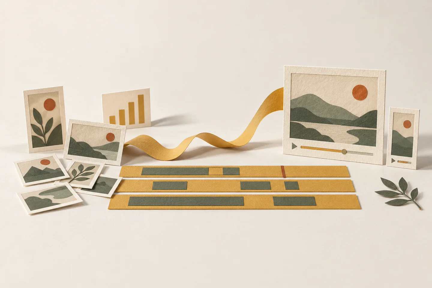 An illustrative paper editing desk: photographs, a chart and three timeline tracks lead to matching wide and vertical video frames.