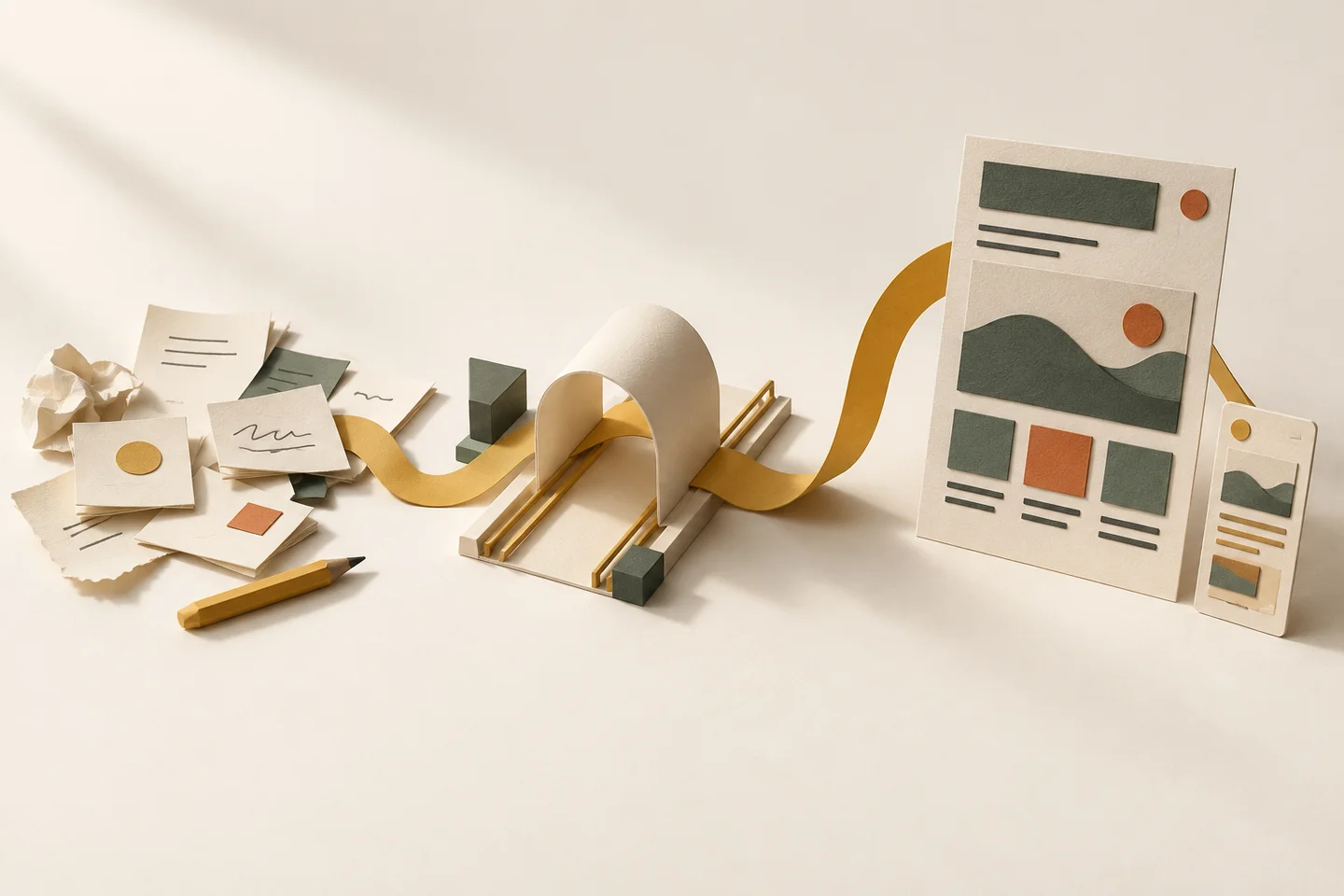 An illustrative paper workbench: loose notes travel through a gold guide and become matching website pages for a computer and a phone.