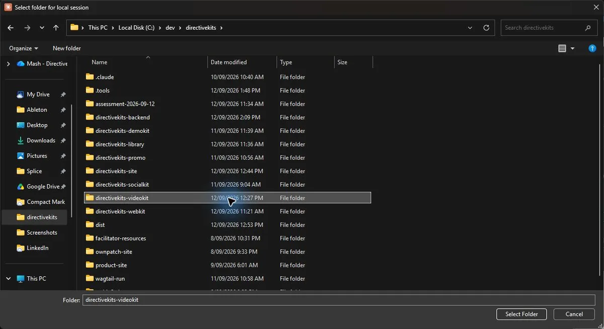 Windows folder picker with the Video Kit folder selected