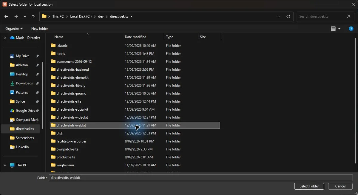 Windows folder picker with the Website Kit folder selected