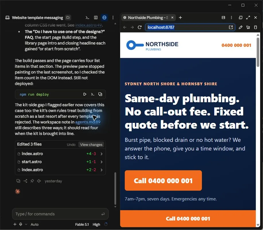 Claude Code conversation beside a live preview of a one-page plumbing website