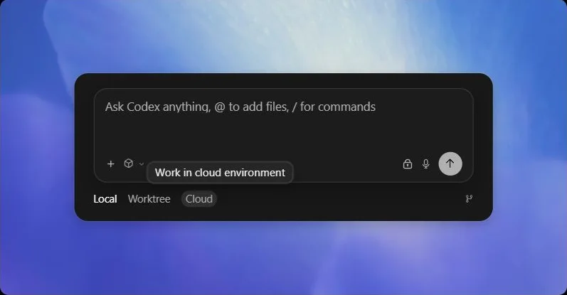 Codex's new-task composer with Local, Worktree and Cloud choices