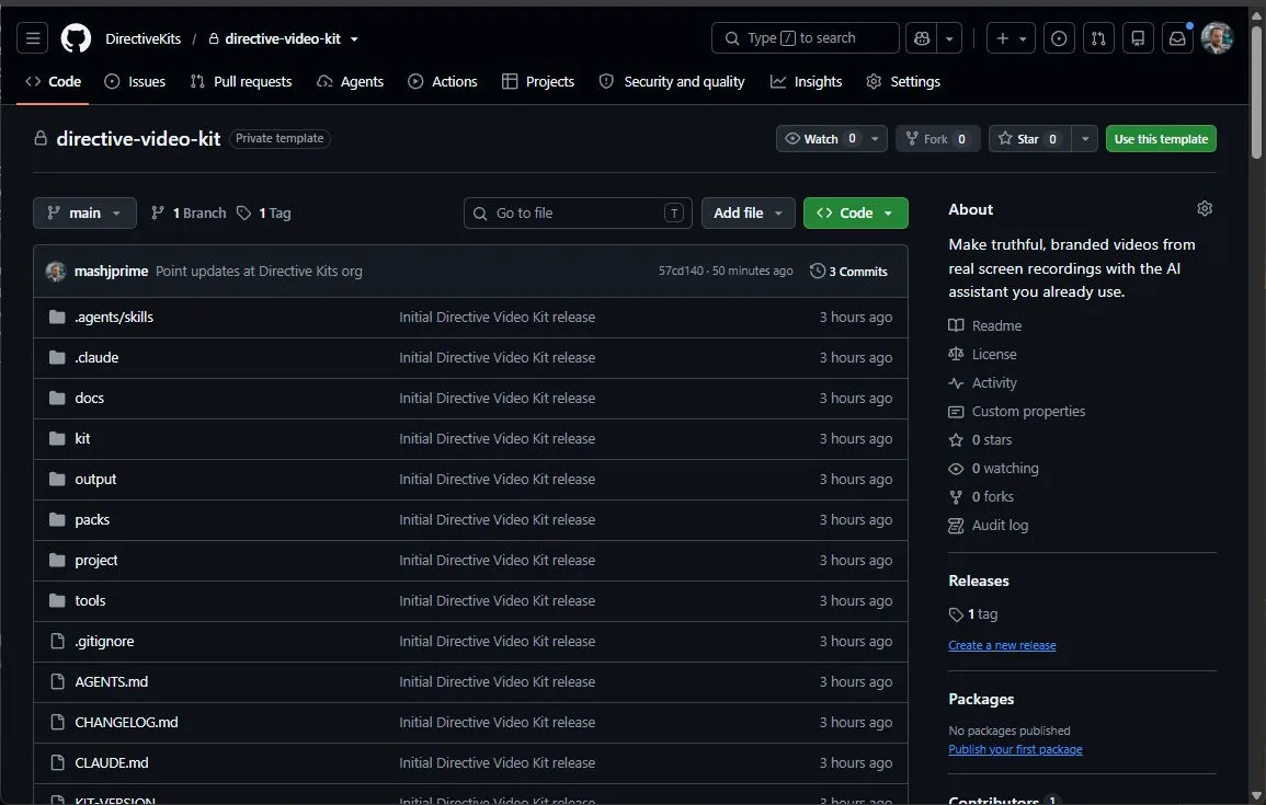 The private Video Kit repository on GitHub with the green Use this template button