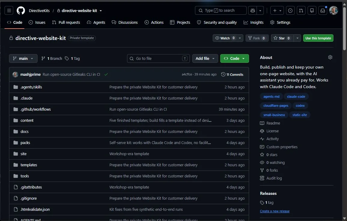 The private Website Kit repository on GitHub with the green Use this template button