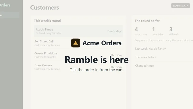 A frame from the kit’s launch fixture: the opening card, "Ramble is here", drawn over the first shot of a sample ordering app while the screen behind it dims