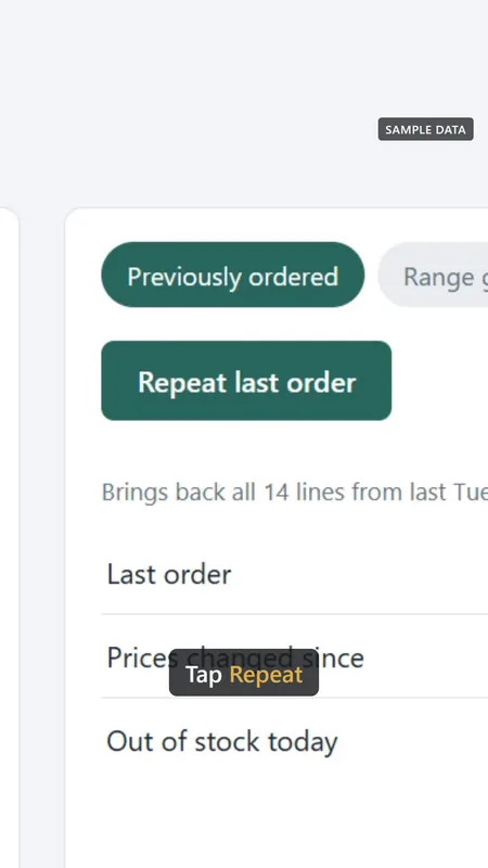 A frame from the kit’s tutorial fixture: a vertical crop of a sample ordering app with a Repeat last order button, and the caption "Tap Repeat" underneath with one word picked out in gold