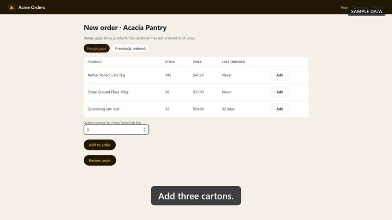 A frame from the Acme Orders recording: three cartons being added to an order, with the caption "Add three cartons" across the bottom